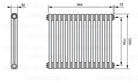 Схема (чертеж) Радиатор Zehnder Charleston 2120/14 №7610 Белый глянцевый RAL 9016